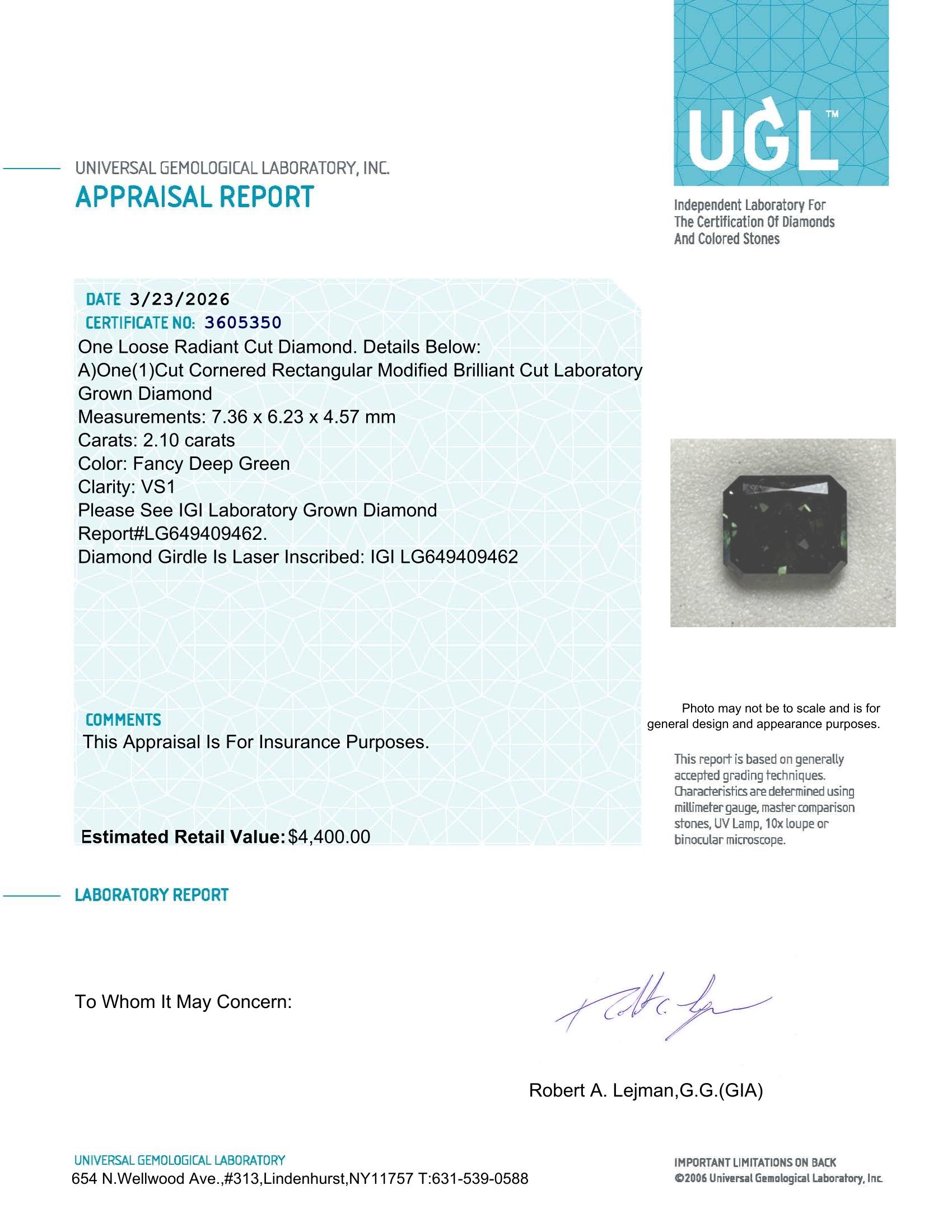 2.10 Carats Lab Grown FANCY DEEP GREEN Diamond Loose VS1 | $4,400 Estimated Retail Value (UGL & IGI Certs) at PristineAuction.com 2.10 Carats Lab Grown FANCY DEEP GREEN Diamond Loose VS1 | $4,400 Estimated Retail Value (UGL & IGI Certs) at PristineAuction.com