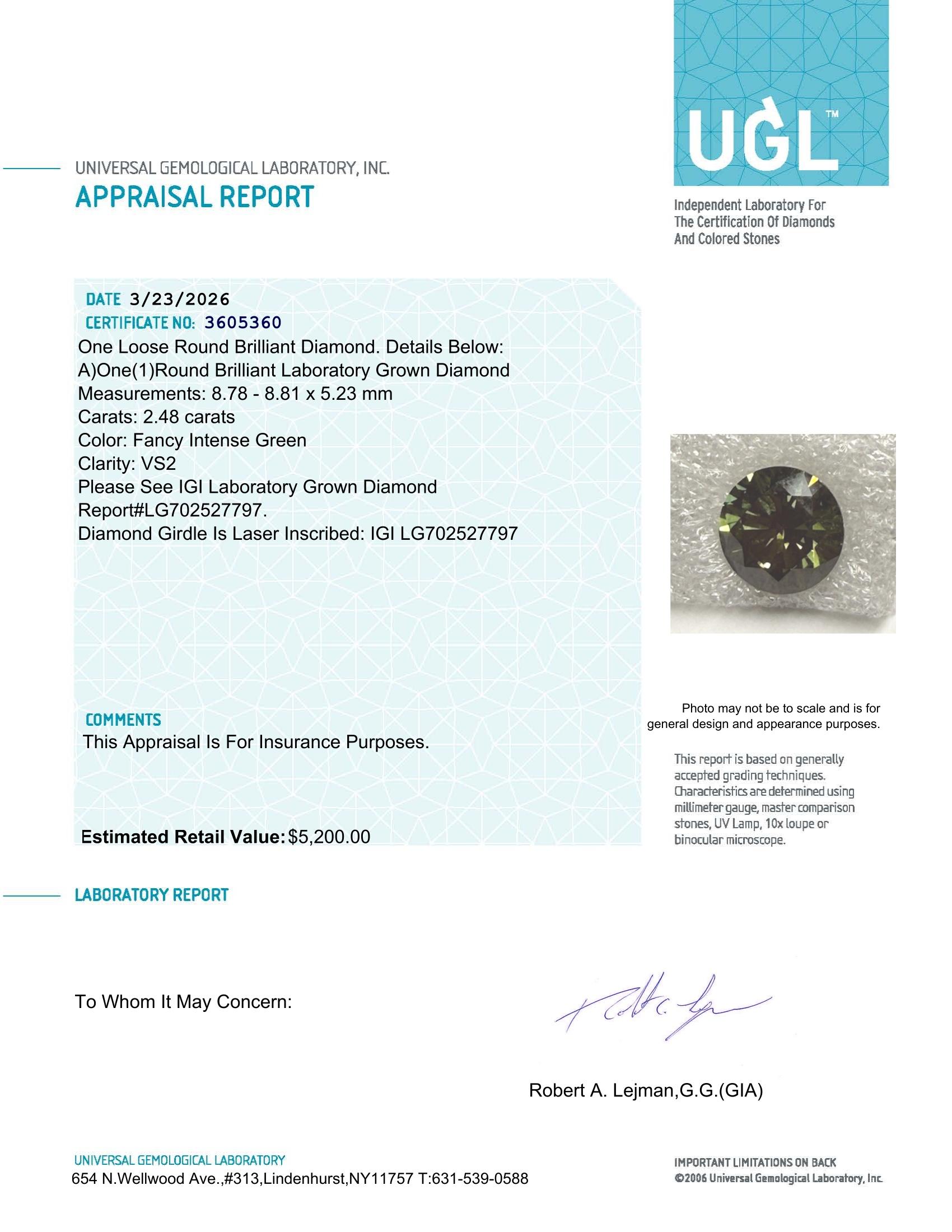 2.48 Carats Lab Grown FANCY INTENSE GREEN Diamond Loose VS2 | $5,200 Estimated Retail Value (UGL & IGI Certs) at PristineAuction.com 2.48 Carats Lab Grown FANCY INTENSE GREEN Diamond Loose VS2 | $5,200 Estimated Retail Value (UGL & IGI Certs) at PristineAuction.com