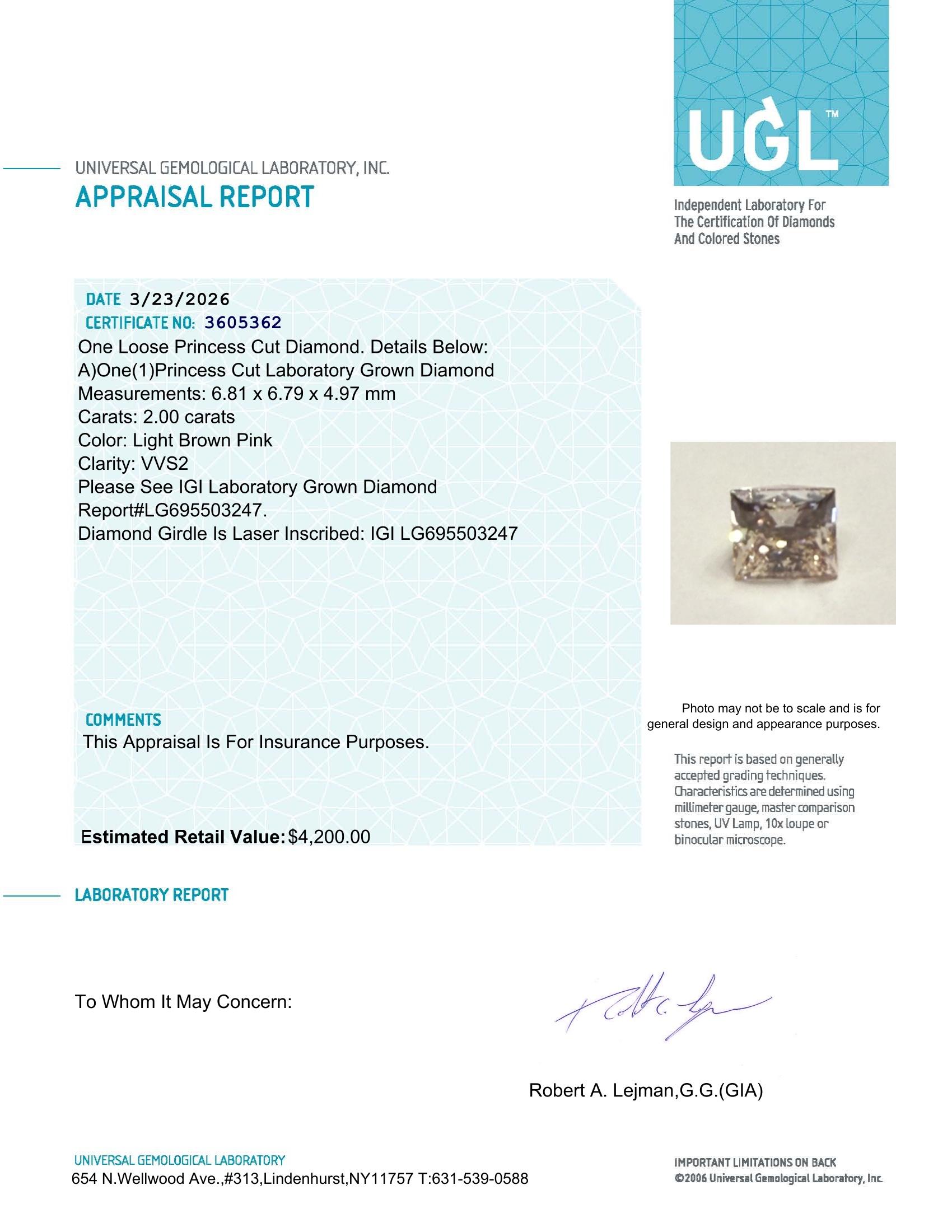 2.00 Carats Lab Grown LIGHT BROWN PINK Diamond Loose VVS2 | $4,200 Estimated Retail Value (UGL & IGI Certs) at PristineAuction.com 2.00 Carats Lab Grown LIGHT BROWN PINK Diamond Loose VVS2 | $4,200 Estimated Retail Value (UGL & IGI Certs) at PristineAuction.com