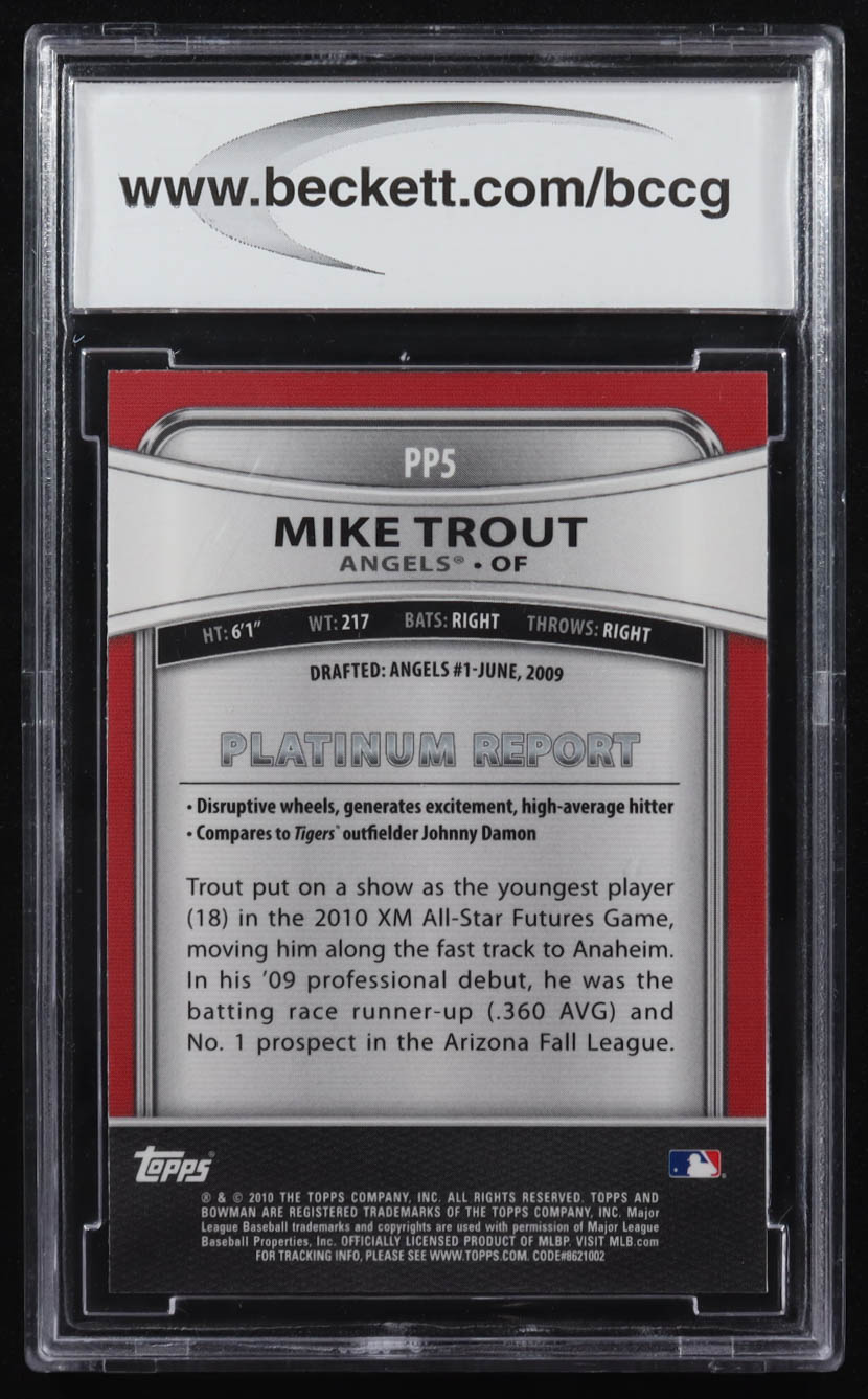 Mike Trout 2010 Bowman Platinum Prospects #PP5 RC (BCCG 10) at PristineAuction.com Mike Trout 2010 Bowman Platinum Prospects #PP5 RC (BCCG 10) at PristineAuction.com