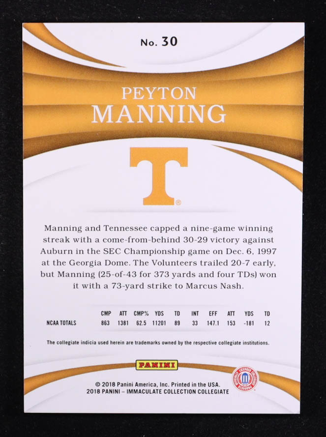 Peyton Manning 2018 Panini Immaculate Collection Collegiate #30 #12/49 at PristineAuction.com Peyton Manning 2018 Panini Immaculate Collection Collegiate #30 #12/49 at PristineAuction.com