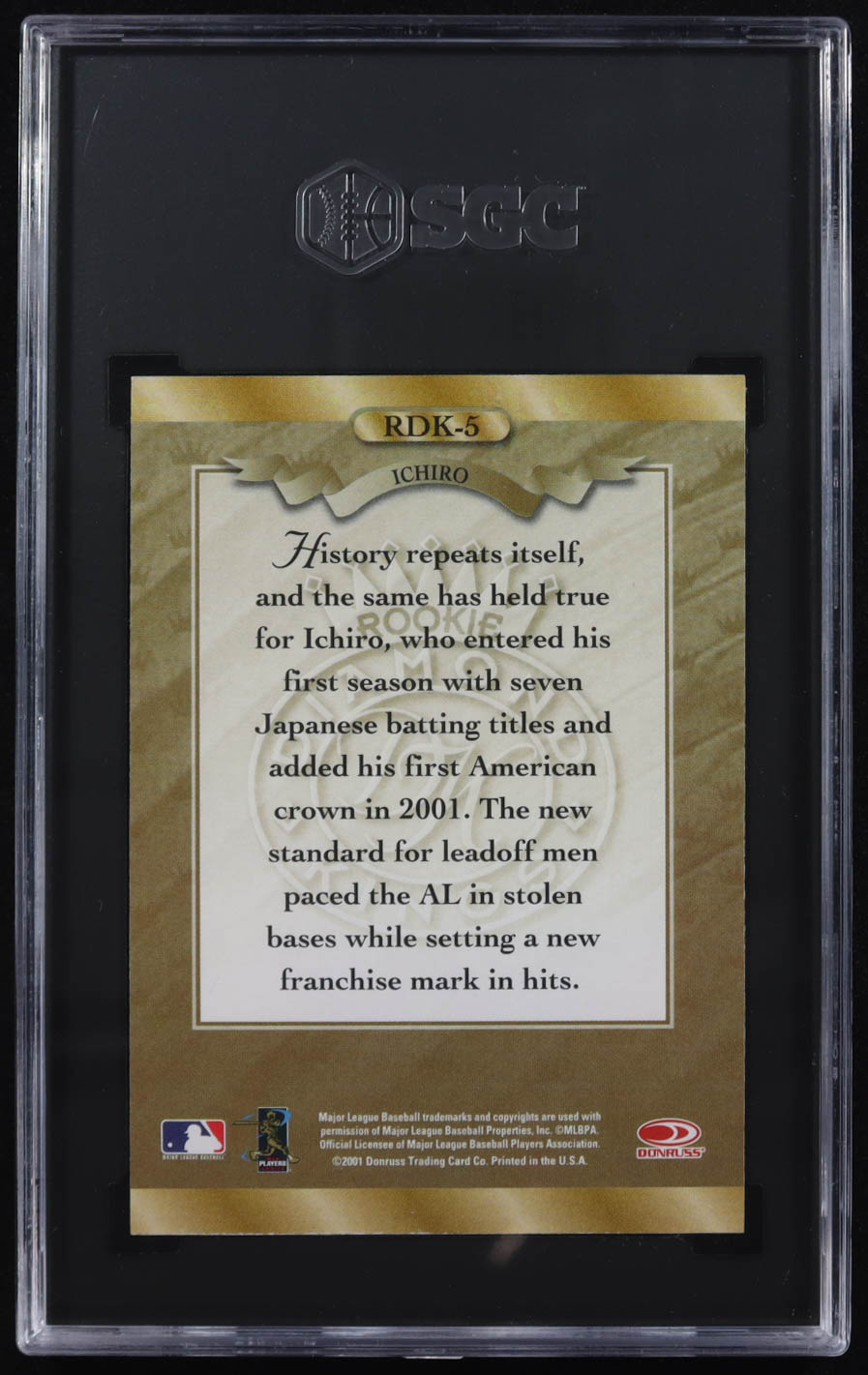 Ichiro Suzuki 2001 Donruss Rookies Diamond Kings #RDK5 DK RC (SGC 9) at PristineAuction.com Ichiro Suzuki 2001 Donruss Rookies Diamond Kings #RDK5 DK RC (SGC 9) at PristineAuction.com
