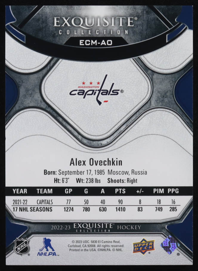 Alex Ovechkin 2022-23 Exquisite Collection Moments #ECMAO #134/299 at PristineAuction.com Alex Ovechkin 2022-23 Exquisite Collection Moments #ECMAO #134/299 at PristineAuction.com