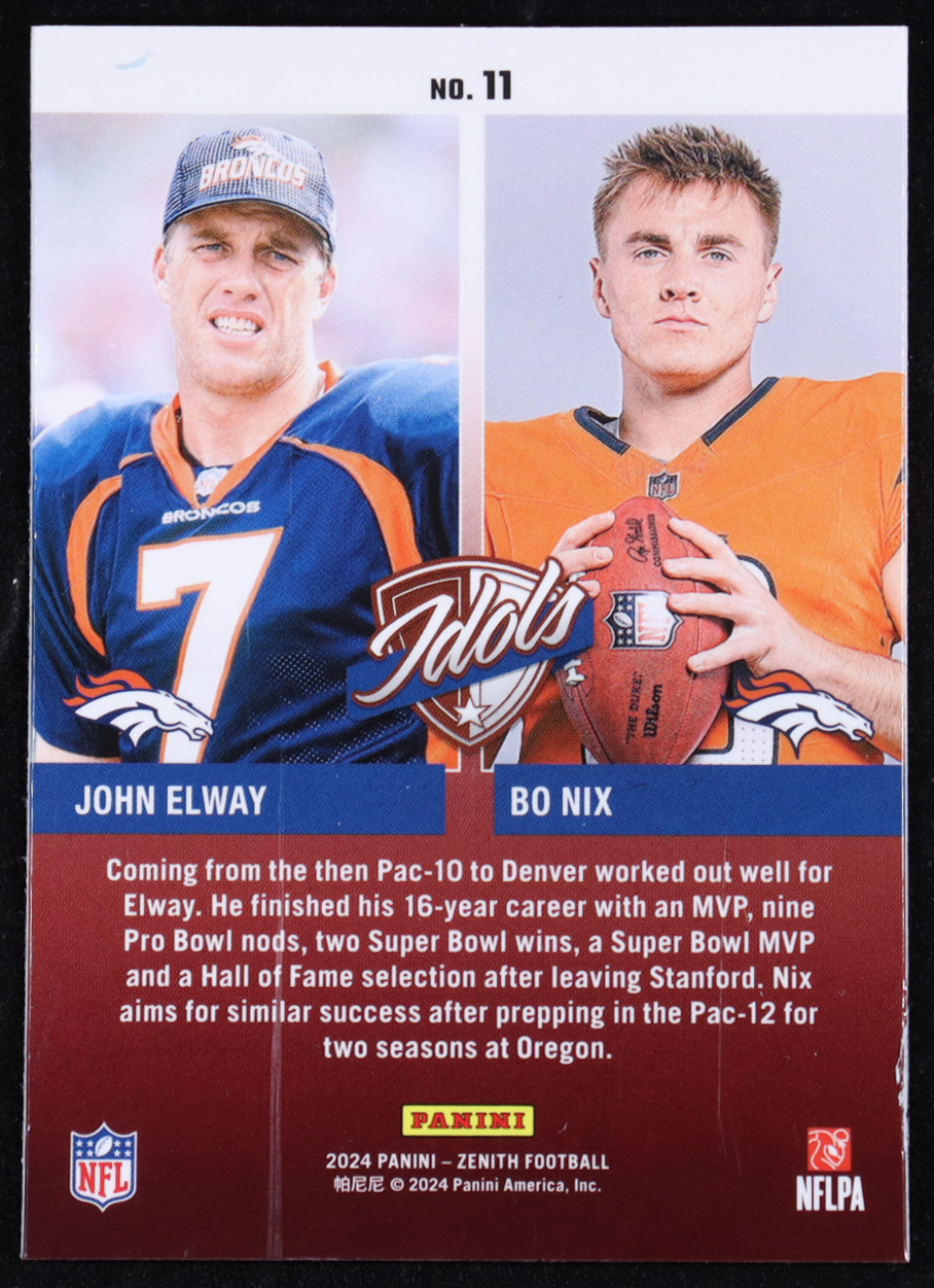 Bo Nix RC / John Elway 2024 Zenith Idols #11 at PristineAuction.com Bo Nix RC / John Elway 2024 Zenith Idols #11 at PristineAuction.com