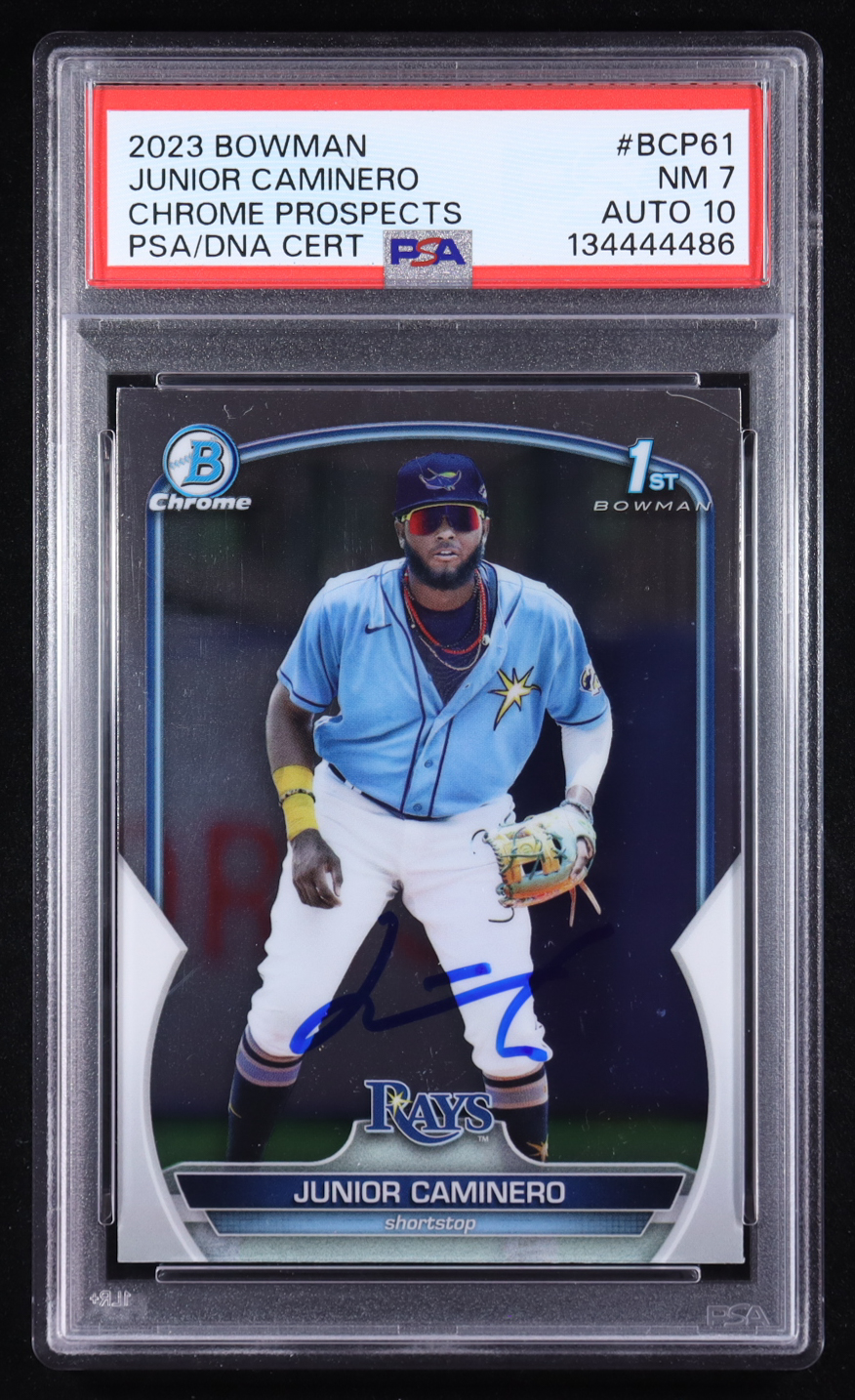 Junior Caminero Signed 2023 Bowman Chrome Prospects #BCP61 (PSA 7 | Autograph Grade 10) at PristineAuction.com Junior Caminero Signed 2023 Bowman Chrome Prospects #BCP61 (PSA 7 | Autograph Grade 10) at PristineAuction.com