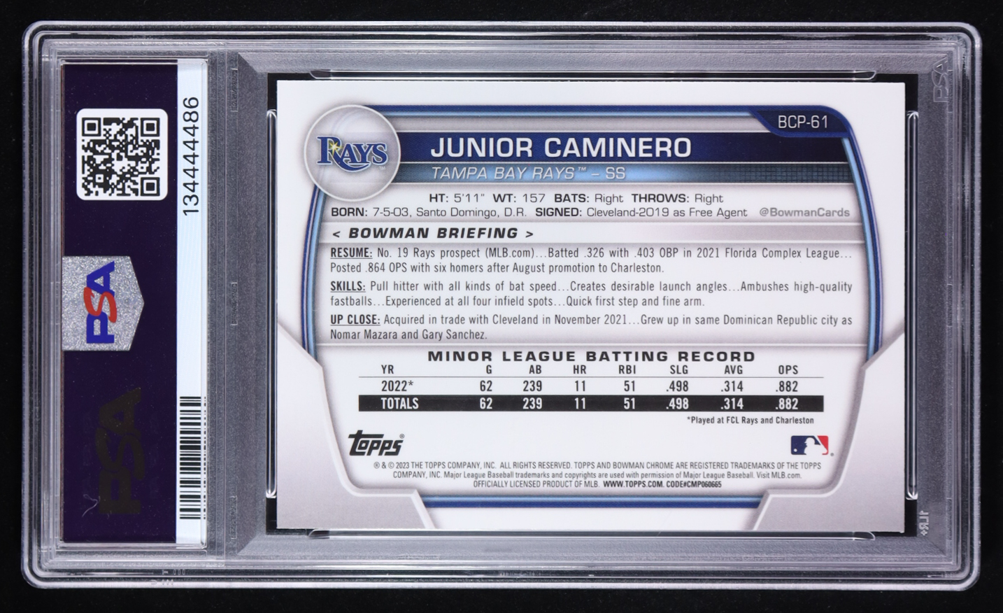 Junior Caminero Signed 2023 Bowman Chrome Prospects #BCP61 (PSA 7 | Autograph Grade 10) at PristineAuction.com Junior Caminero Signed 2023 Bowman Chrome Prospects #BCP61 (PSA 7 | Autograph Grade 10) at PristineAuction.com