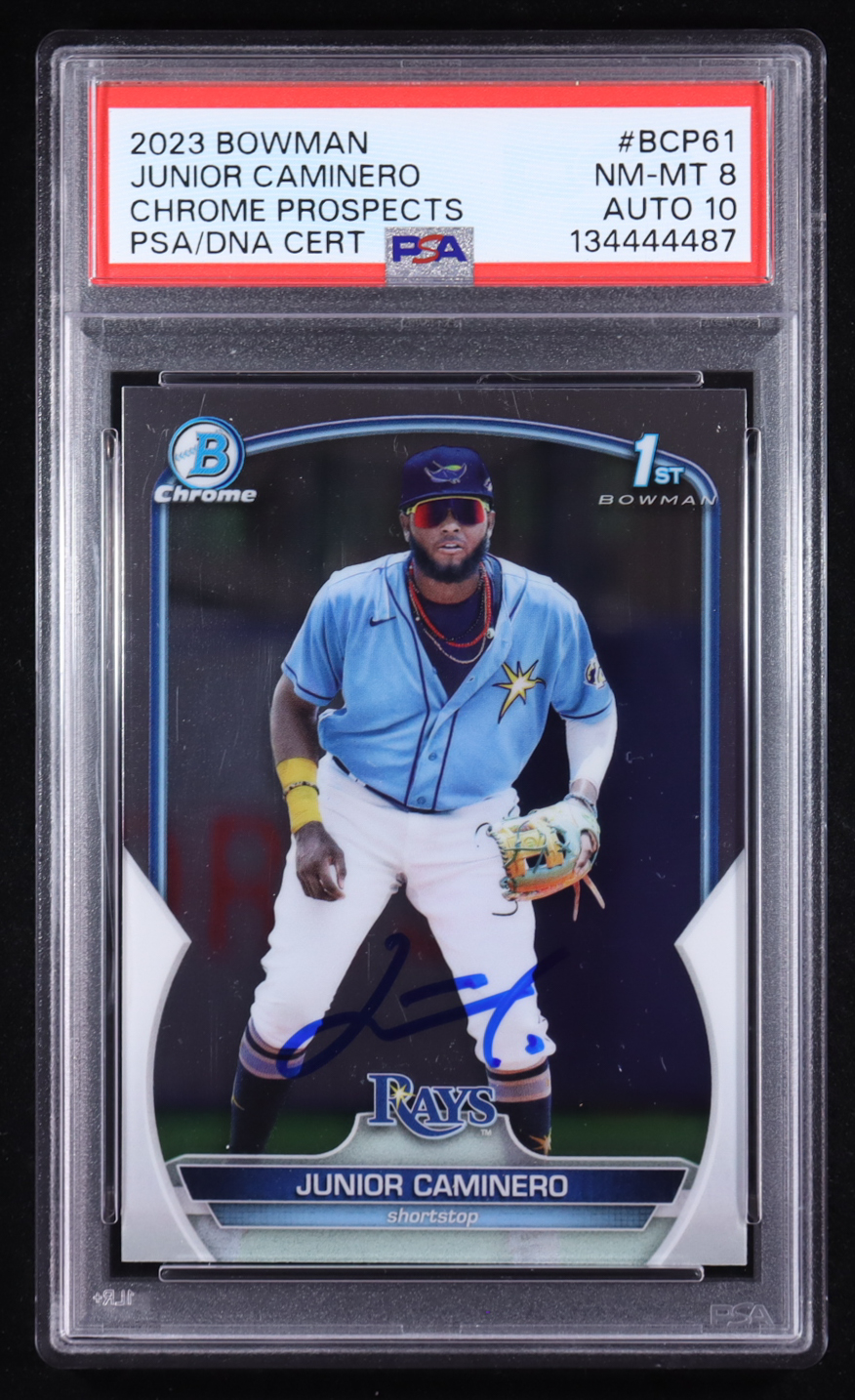 Junior Caminero Signed 2023 Bowman Chrome Prospects #BCP61 (PSA 8 | Autograph Grade 10) at PristineAuction.com Junior Caminero Signed 2023 Bowman Chrome Prospects #BCP61 (PSA 8 | Autograph Grade 10) at PristineAuction.com