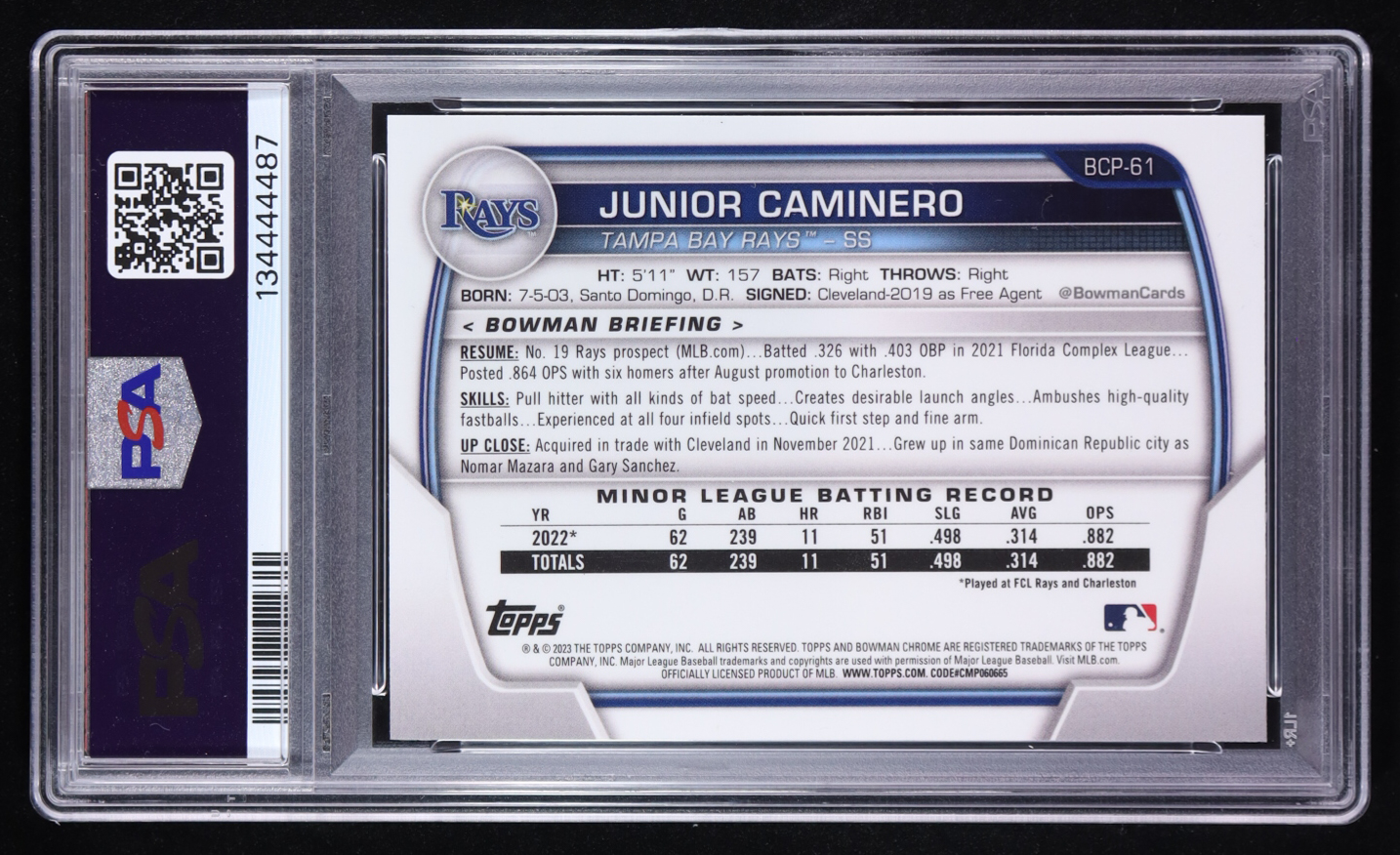 Junior Caminero Signed 2023 Bowman Chrome Prospects #BCP61 (PSA 8 | Autograph Grade 10) at PristineAuction.com Junior Caminero Signed 2023 Bowman Chrome Prospects #BCP61 (PSA 8 | Autograph Grade 10) at PristineAuction.com