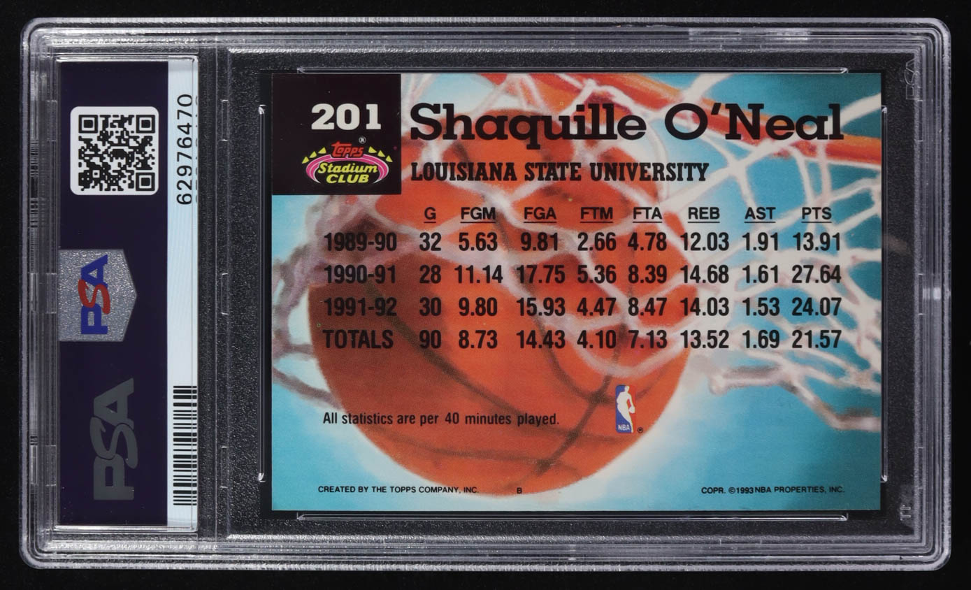 Shaquille O'Neal 1992-93 Stadium Club #201 MC RC (PSA 9) at PristineAuction.com Shaquille O'Neal 1992-93 Stadium Club #201 MC RC (PSA 9) at PristineAuction.com