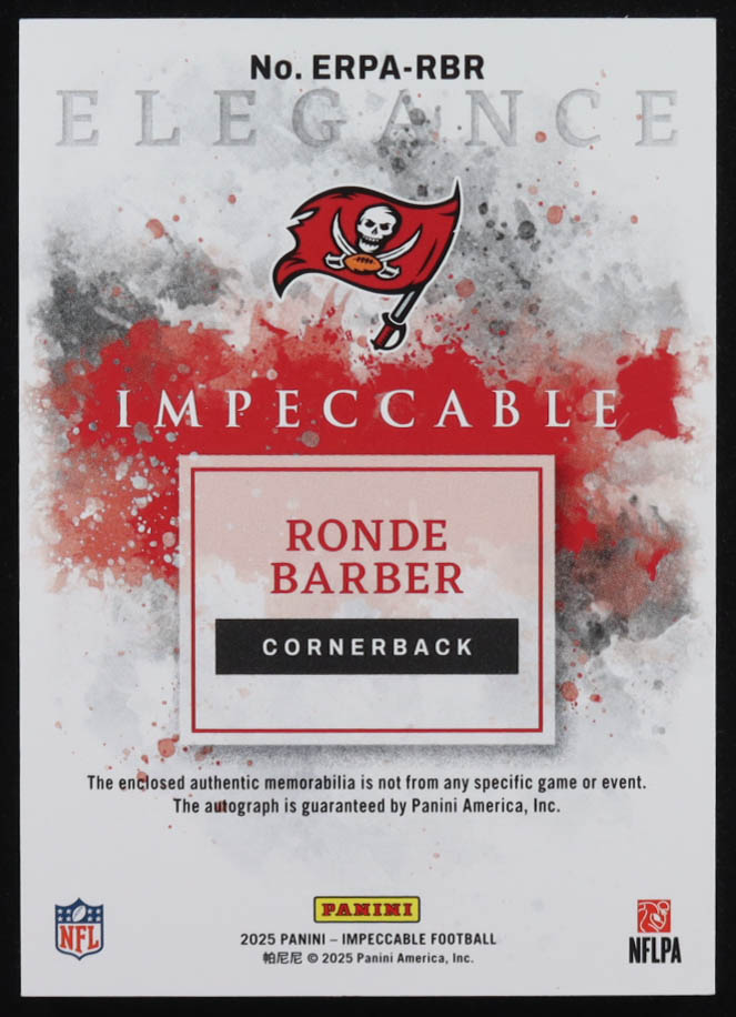 Ronde Barber 2025 Panini Impeccable Elegance Retired Patch Autographs Emerald #15 #5/5 at PristineAuction.com Ronde Barber 2025 Panini Impeccable Elegance Retired Patch Autographs Emerald #15 #5/5 at PristineAuction.com