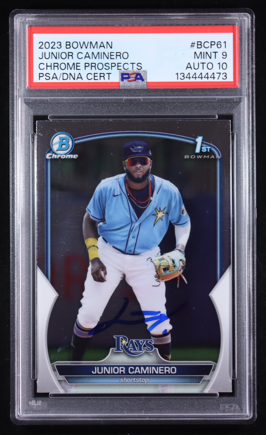 Junior Caminero Signed 2023 Bowman Chrome Prospects #BCP61 (PSA 9 | Autograph Grade 10) at PristineAuction.com Junior Caminero Signed 2023 Bowman Chrome Prospects #BCP61 (PSA 9 | Autograph Grade 10) at PristineAuction.com