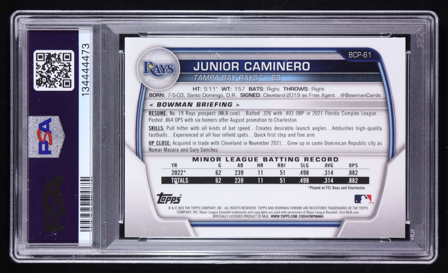 Junior Caminero Signed 2023 Bowman Chrome Prospects #BCP61 (PSA 9 | Autograph Grade 10) at PristineAuction.com Junior Caminero Signed 2023 Bowman Chrome Prospects #BCP61 (PSA 9 | Autograph Grade 10) at PristineAuction.com