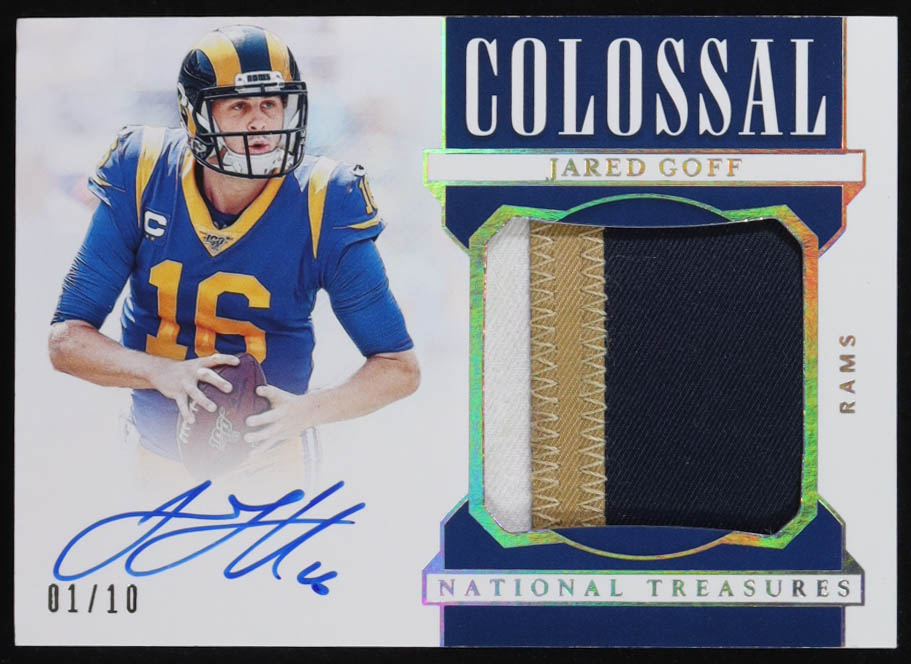 Jared Goff 2019 Panini National Treasures Colossal Material Signatures Prime #9 #01/10 at PristineAuction.com Jared Goff 2019 Panini National Treasures Colossal Material Signatures Prime #9 #01/10 at PristineAuction.com