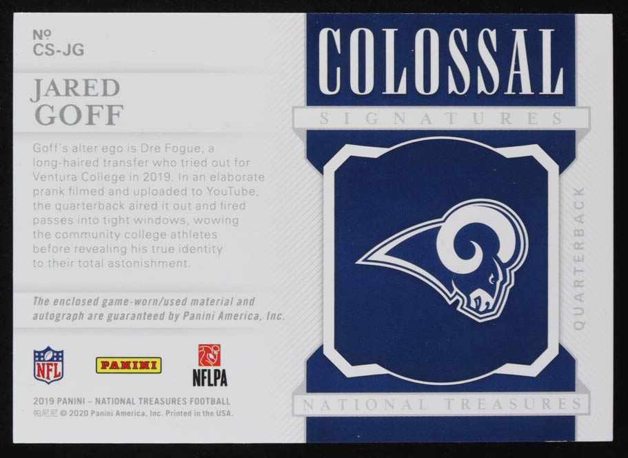 Jared Goff 2019 Panini National Treasures Colossal Material Signatures Prime #9 #01/10 at PristineAuction.com Jared Goff 2019 Panini National Treasures Colossal Material Signatures Prime #9 #01/10 at PristineAuction.com