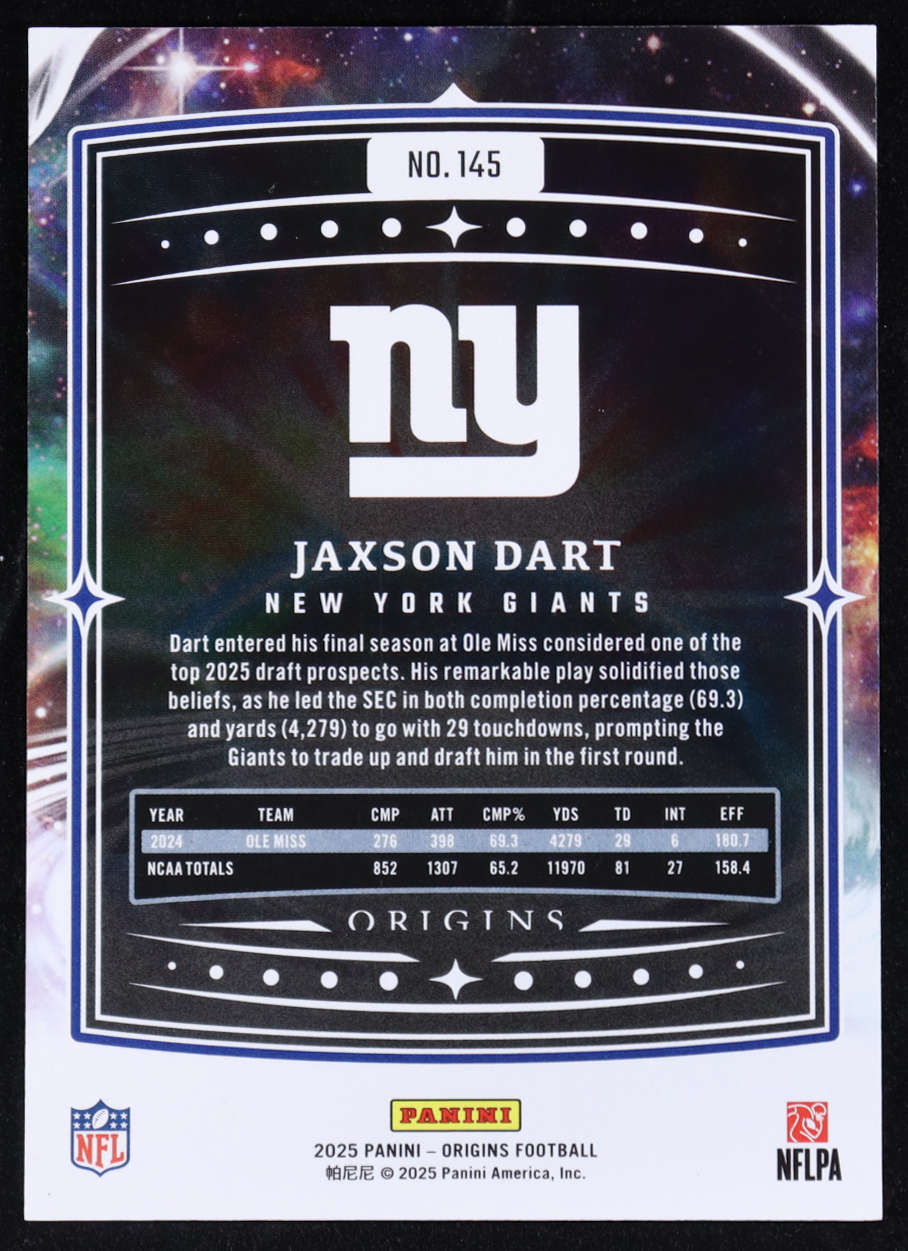 Jaxson Dart 2025 Panini Origins Holo Blue #145 RC #51/149 at PristineAuction.com Jaxson Dart 2025 Panini Origins Holo Blue #145 RC #51/149 at PristineAuction.com