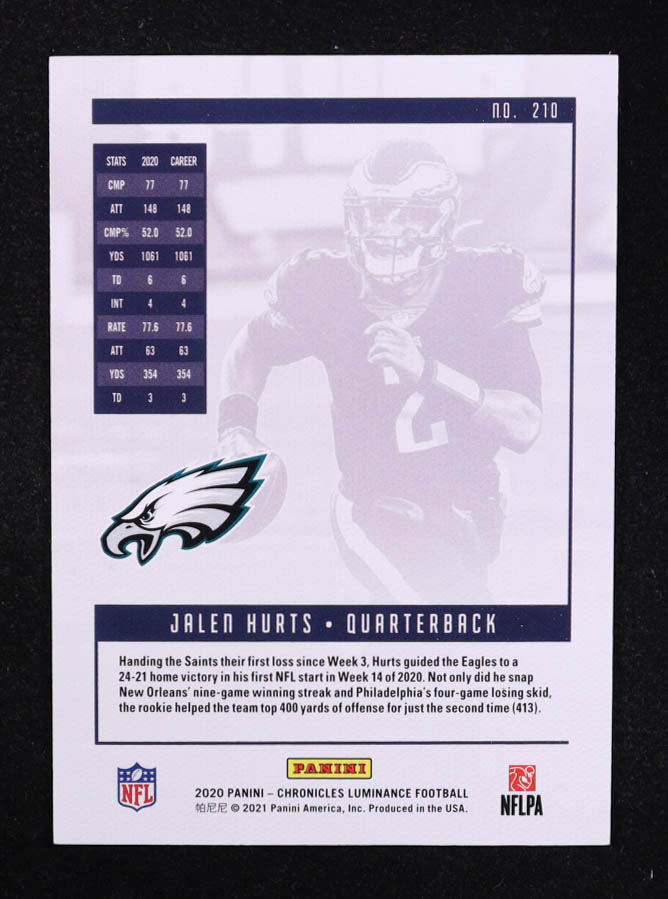 Jalen Hurts 2020 Panini Chronicles Luminance Blue #210 RC #01/99 at PristineAuction.com Jalen Hurts 2020 Panini Chronicles Luminance Blue #210 RC #01/99 at PristineAuction.com