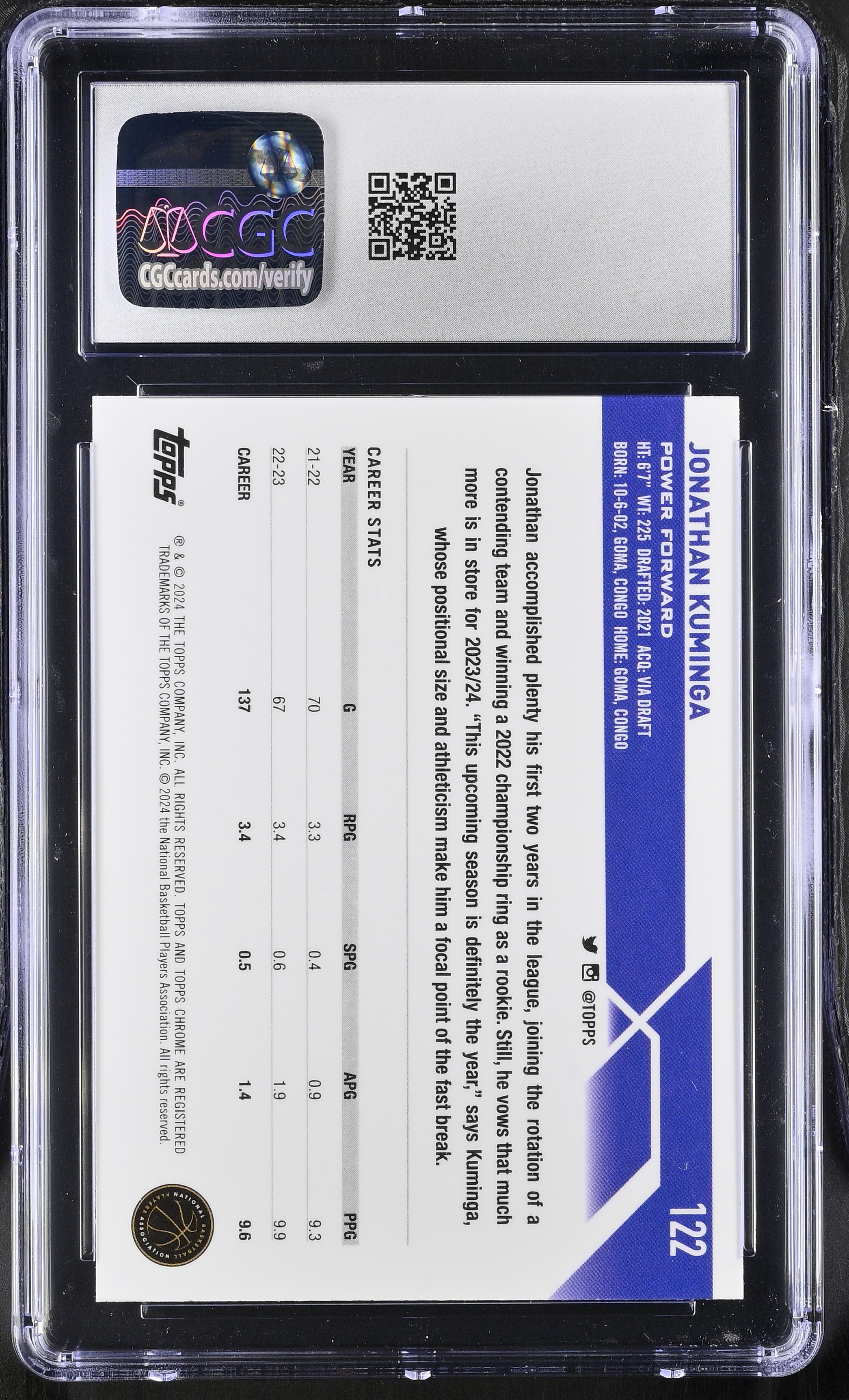 Jonathan Kuminga 2023-24 Topps Chrome Purple Refractor #122 #246/349 (CGC 9.5) at PristineAuction.com Jonathan Kuminga 2023-24 Topps Chrome Purple Refractor #122 #246/349 (CGC 9.5) at PristineAuction.com