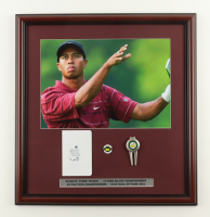 Tiger Woods at Augusta Custom Framed Photo Display with Masters Divot Repair Tool, Scorecard & Pin at PristineAuction.com