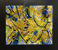 "Ochre Cobalt Fluidity" Original Custom Framed Abstract Painting On Glass 021-26 (Lewis) at PristineAuction.com