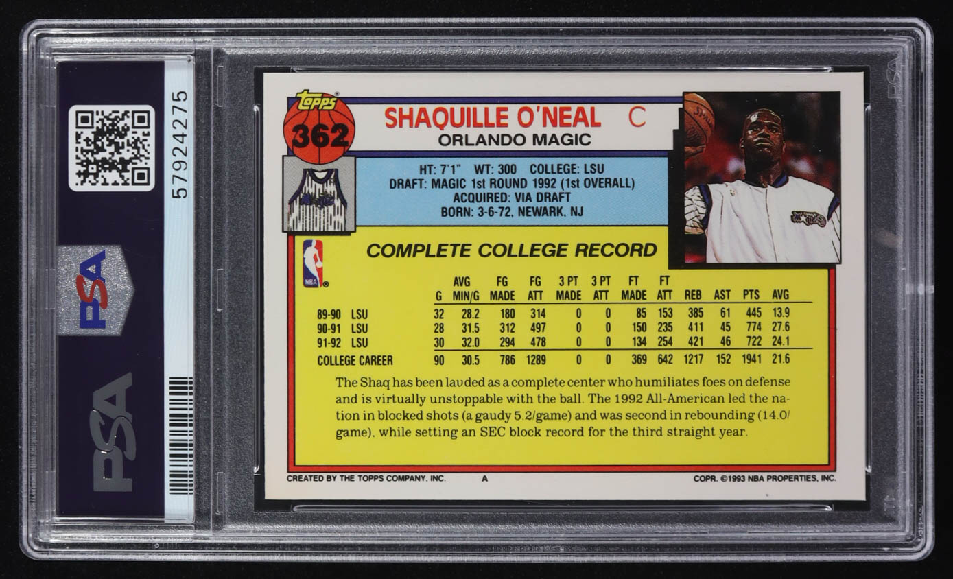 Shaquille O'Neal 1992 Topps #362 RC (PSA 9) at PristineAuction.com Shaquille O'Neal 1992 Topps #362 RC (PSA 9) at PristineAuction.com