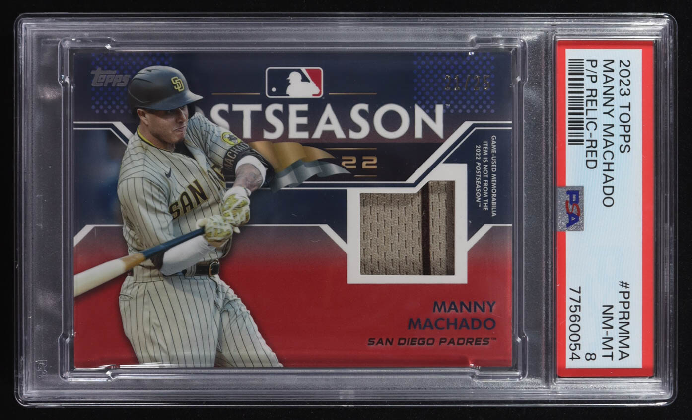 Manny Machado 2023 Topps Postseason Performance Relics Red #PPRMMA #21/25 (PSA 8) at PristineAuction.com Manny Machado 2023 Topps Postseason Performance Relics Red #PPRMMA #21/25 (PSA 8) at PristineAuction.com