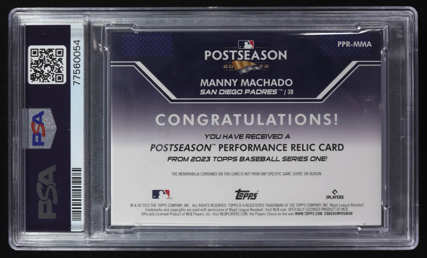 Manny Machado 2023 Topps Postseason Performance Relics Red #PPRMMA #21/25 (PSA 8) at PristineAuction.com Manny Machado 2023 Topps Postseason Performance Relics Red #PPRMMA #21/25 (PSA 8) at PristineAuction.com