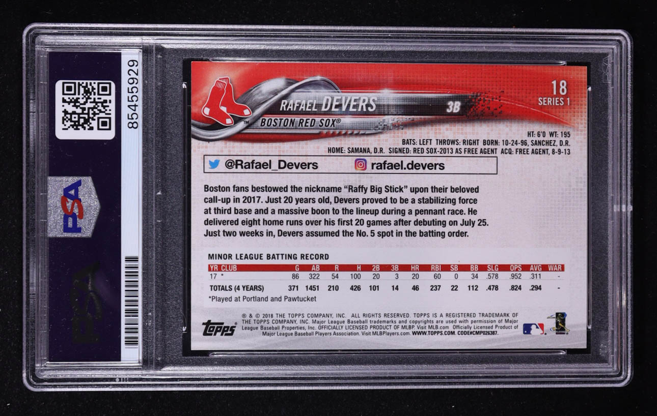 Rafael Devers Signed 2018 Topps Series 1 #18 RC (PSA) at PristineAuction.com Rafael Devers Signed 2018 Topps Series 1 #18 RC (PSA) at PristineAuction.com