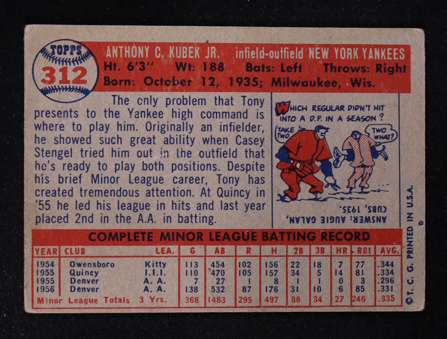 Tony Kubiak 1957 Topps #312 RC at PristineAuction.com Tony Kubiak 1957 Topps #312 RC at PristineAuction.com