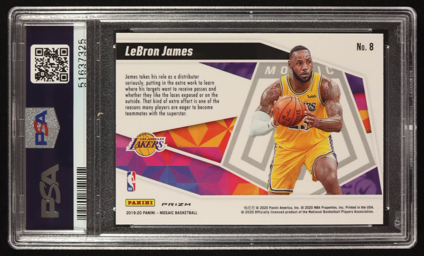 LeBron James 2019-20 Panini Mosaic Give and Go Mosaic #8 (PSA 10) at PristineAuction.com LeBron James 2019-20 Panini Mosaic Give and Go Mosaic #8 (PSA 10) at PristineAuction.com