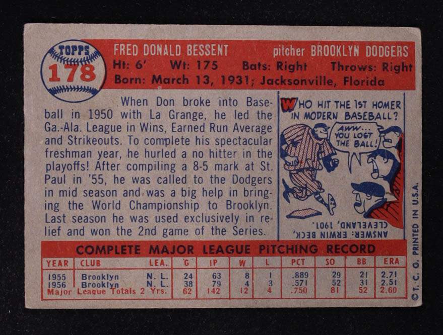 Don Bessent 1957 Topps #178 at PristineAuction.com Don Bessent 1957 Topps #178 at PristineAuction.com