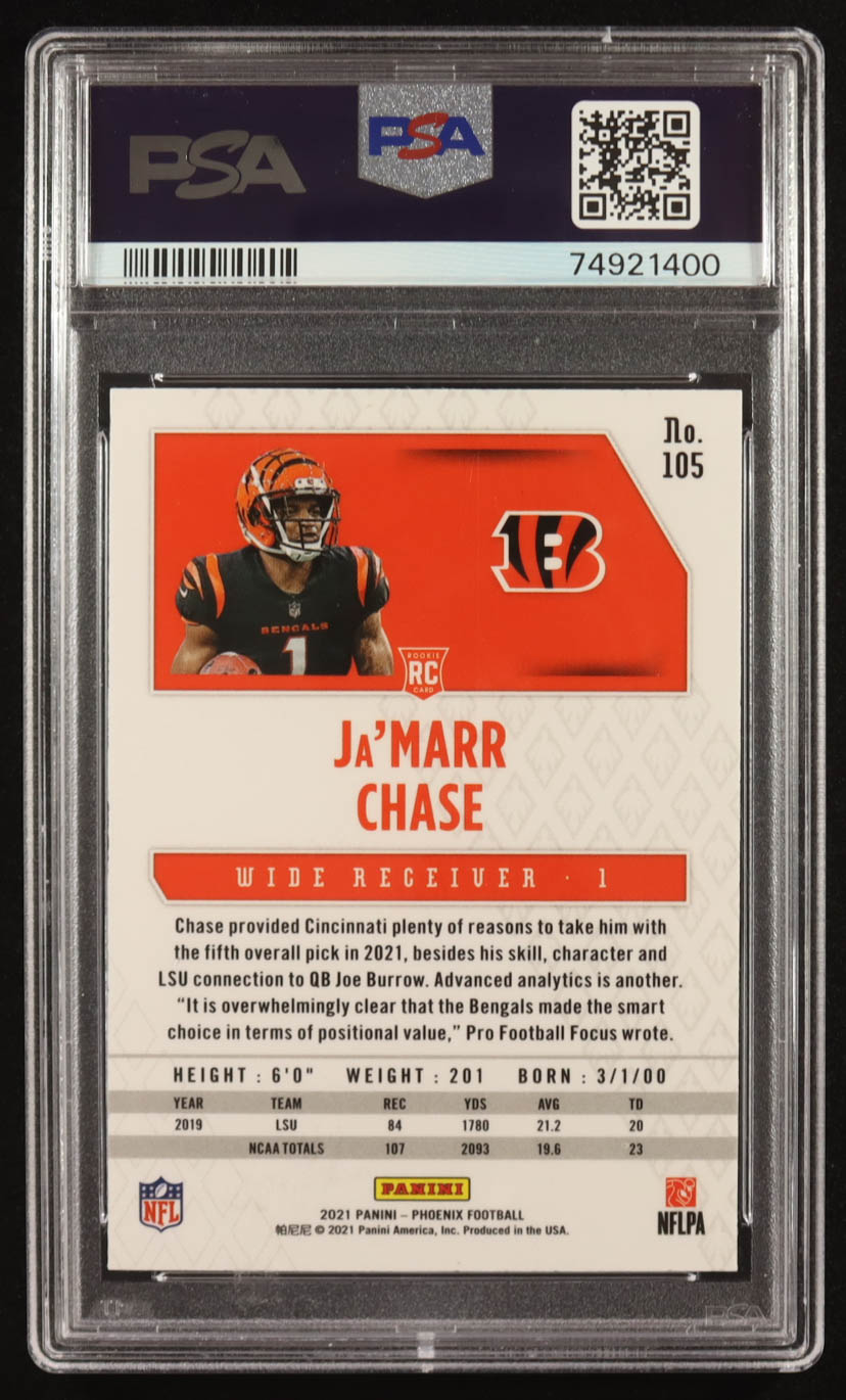 Ja'Marr Chase 2021 Panini Phoenix Fire Burst #105 RC (PSA 10) at PristineAuction.com Ja'Marr Chase 2021 Panini Phoenix Fire Burst #105 RC (PSA 10) at PristineAuction.com