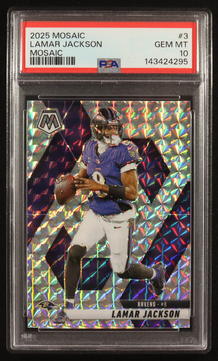 Lamar Jackson 2025 Panini Mosaic Mosaic #3 (PSA 10) at PristineAuction.com Lamar Jackson 2025 Panini Mosaic Mosaic #3 (PSA 10) at PristineAuction.com