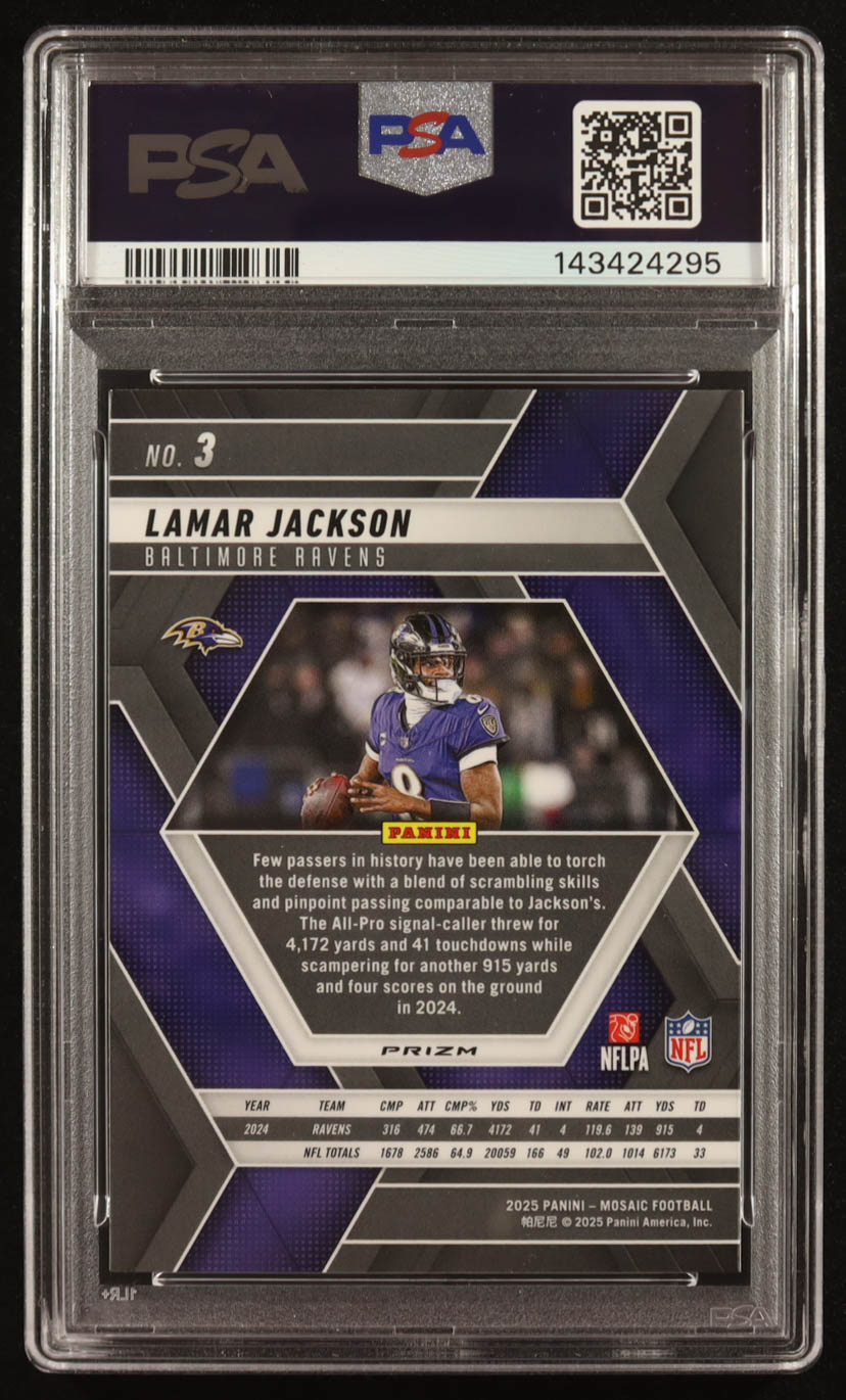Lamar Jackson 2025 Panini Mosaic Mosaic #3 (PSA 10) at PristineAuction.com Lamar Jackson 2025 Panini Mosaic Mosaic #3 (PSA 10) at PristineAuction.com