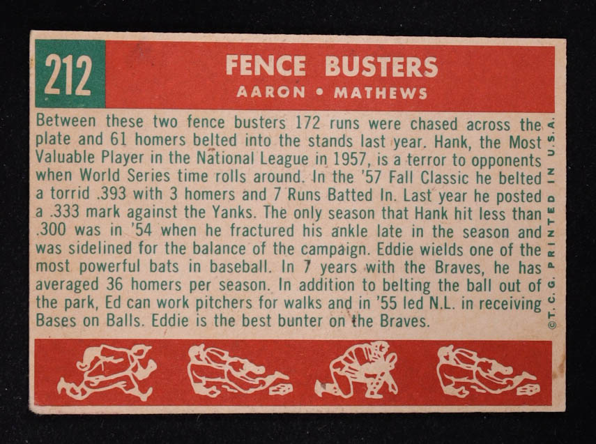 Hank Aaron / Ed Mathews 1959 Topps Fence Busters #212 at PristineAuction.com Hank Aaron / Ed Mathews 1959 Topps Fence Busters #212 at PristineAuction.com