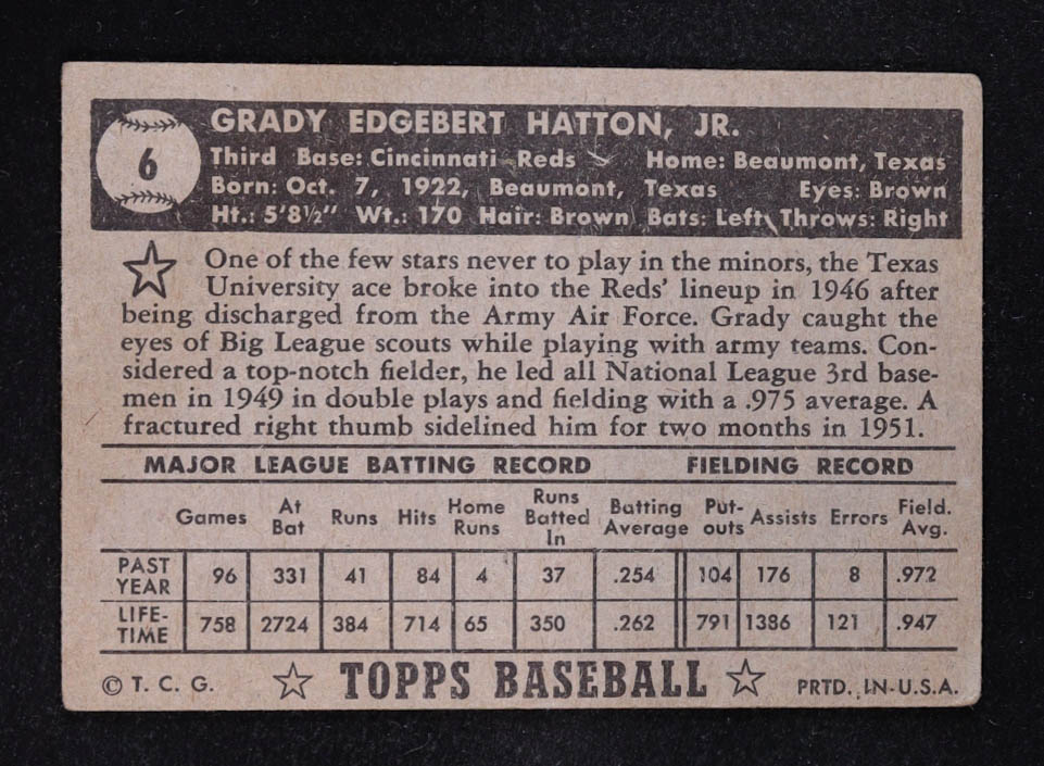 Grady Hatton 1952 Topps #6 at PristineAuction.com Grady Hatton 1952 Topps #6 at PristineAuction.com