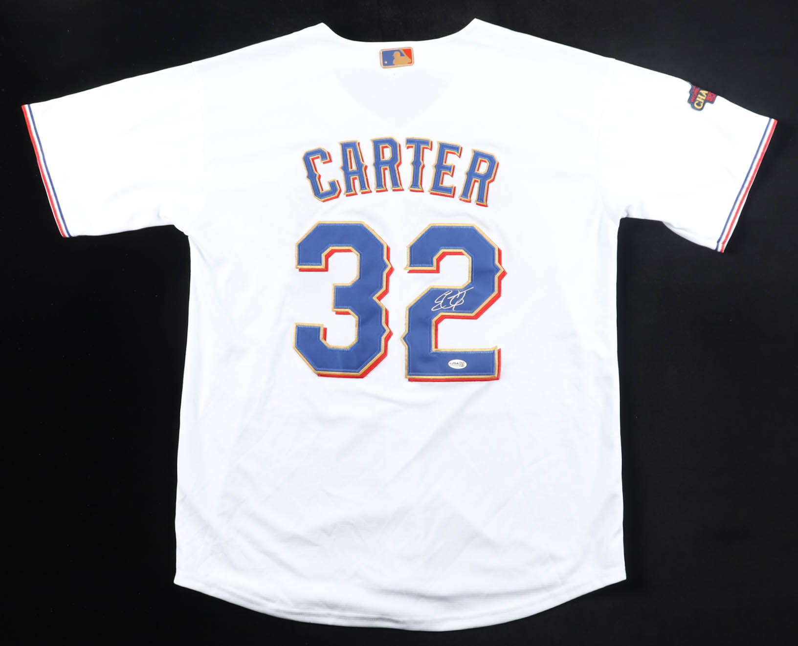 Evan Carter Signed Jersey With 2023 World Series Patch (JSA) at PristineAuction.com Evan Carter Signed Jersey With 2023 World Series Patch (JSA) at PristineAuction.com