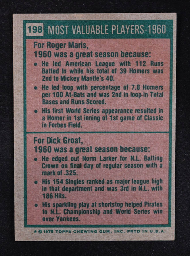 Roger Maris / Dick Groat 1975 Topps #198 MVP at PristineAuction.com Roger Maris / Dick Groat 1975 Topps #198 MVP at PristineAuction.com