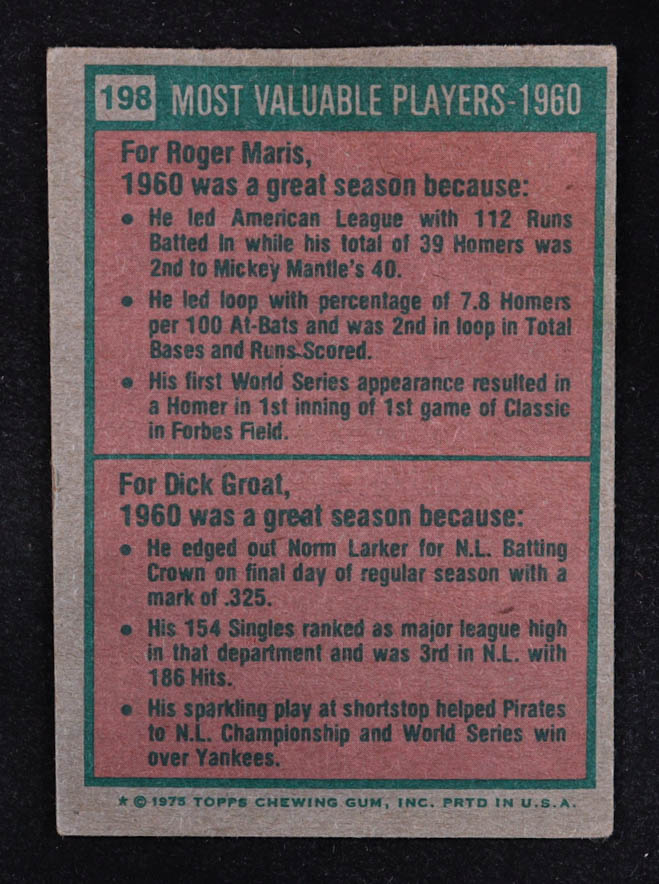 Roger Maris / Dick Groat 1975 Topps #198 MVP at PristineAuction.com Roger Maris / Dick Groat 1975 Topps #198 MVP at PristineAuction.com