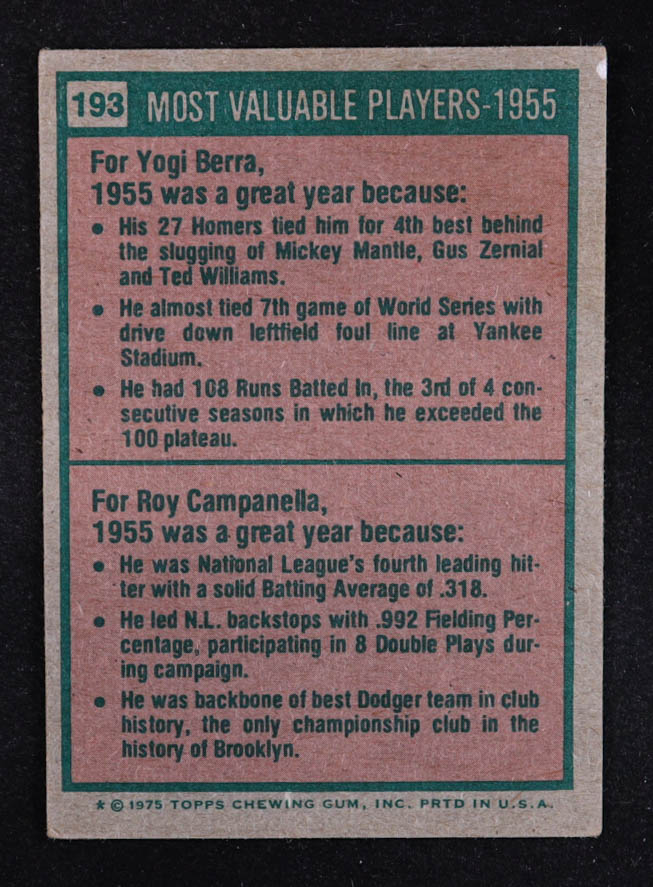 Yogi Berra / Roy Campanella 1975 Topps #193 MVP at PristineAuction.com Yogi Berra / Roy Campanella 1975 Topps #193 MVP at PristineAuction.com