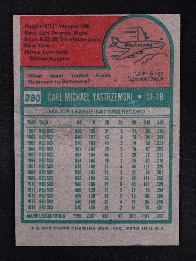 Carl Yastrzemski 1975 Topps #280 at PristineAuction.com Carl Yastrzemski 1975 Topps #280 at PristineAuction.com