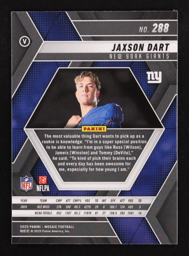 Jaxson Dart 2025 Panini Mosaic #288 VAR RC at PristineAuction.com Jaxson Dart 2025 Panini Mosaic #288 VAR RC at PristineAuction.com