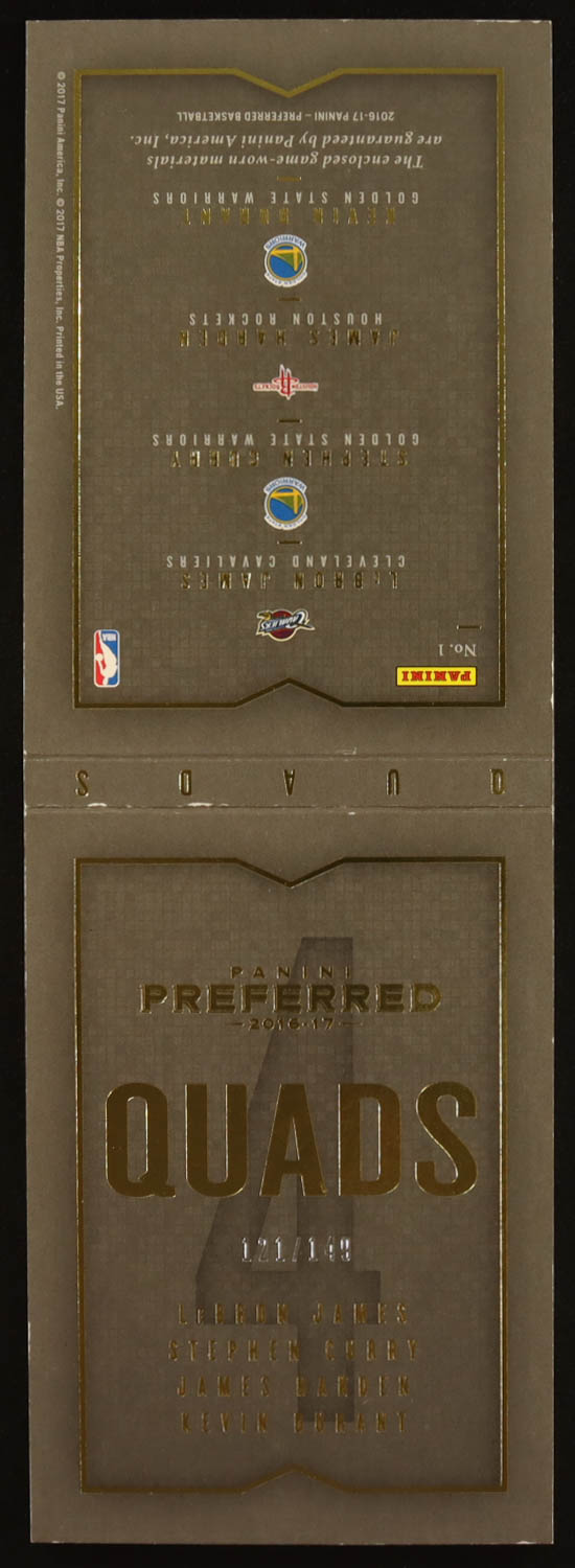 LeBron James / Stephen Curry / James Harden / Kevin Durant 2016-17 Panini Preferred Quads Memorabilia #1 #121/149 at PristineAuction.com LeBron James / Stephen Curry / James Harden / Kevin Durant 2016-17 Panini Preferred Quads Memorabilia #1 #121/149 at PristineAuction.com