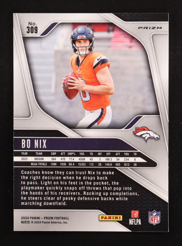 Bo Nix 2024 Panini Prizm Prizms Lazer #309 RC at PristineAuction.com Bo Nix 2024 Panini Prizm Prizms Lazer #309 RC at PristineAuction.com