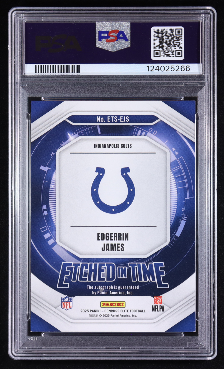 Edgerrin James 2025 Panini Donruss Elite Etched In Time Signature #ETS-EJS #14/25 (PSA 8) at PristineAuction.com Edgerrin James 2025 Panini Donruss Elite Etched In Time Signature #ETS-EJS #14/25 (PSA 8) at PristineAuction.com