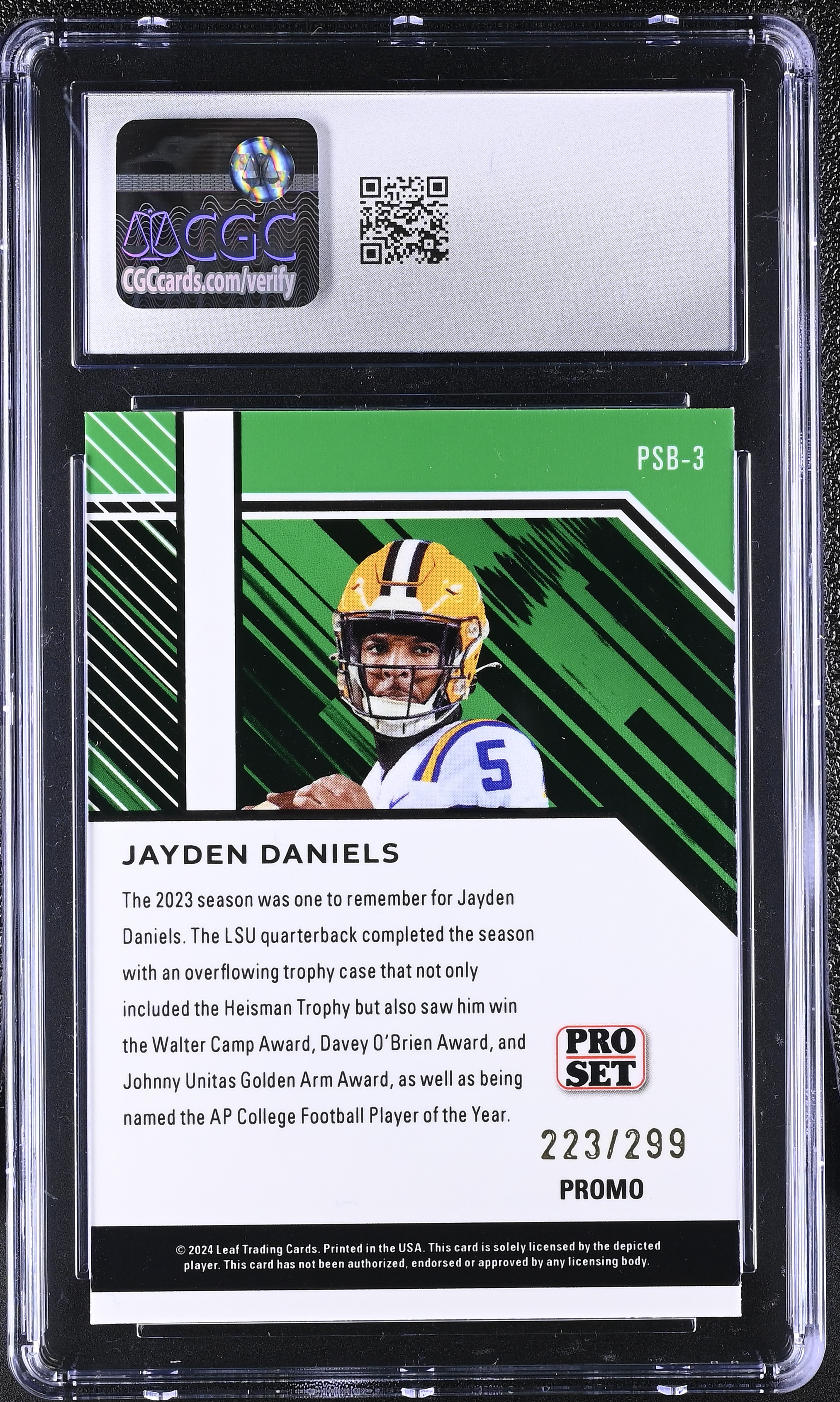 Jayden Daniels 2024 Leaf Collective Promos Pro Set Orange Shimmer #PSB-3 #223/299 RC (CGC 10) at PristineAuction.com Jayden Daniels 2024 Leaf Collective Promos Pro Set Orange Shimmer #PSB-3 #223/299 RC (CGC 10) at PristineAuction.com