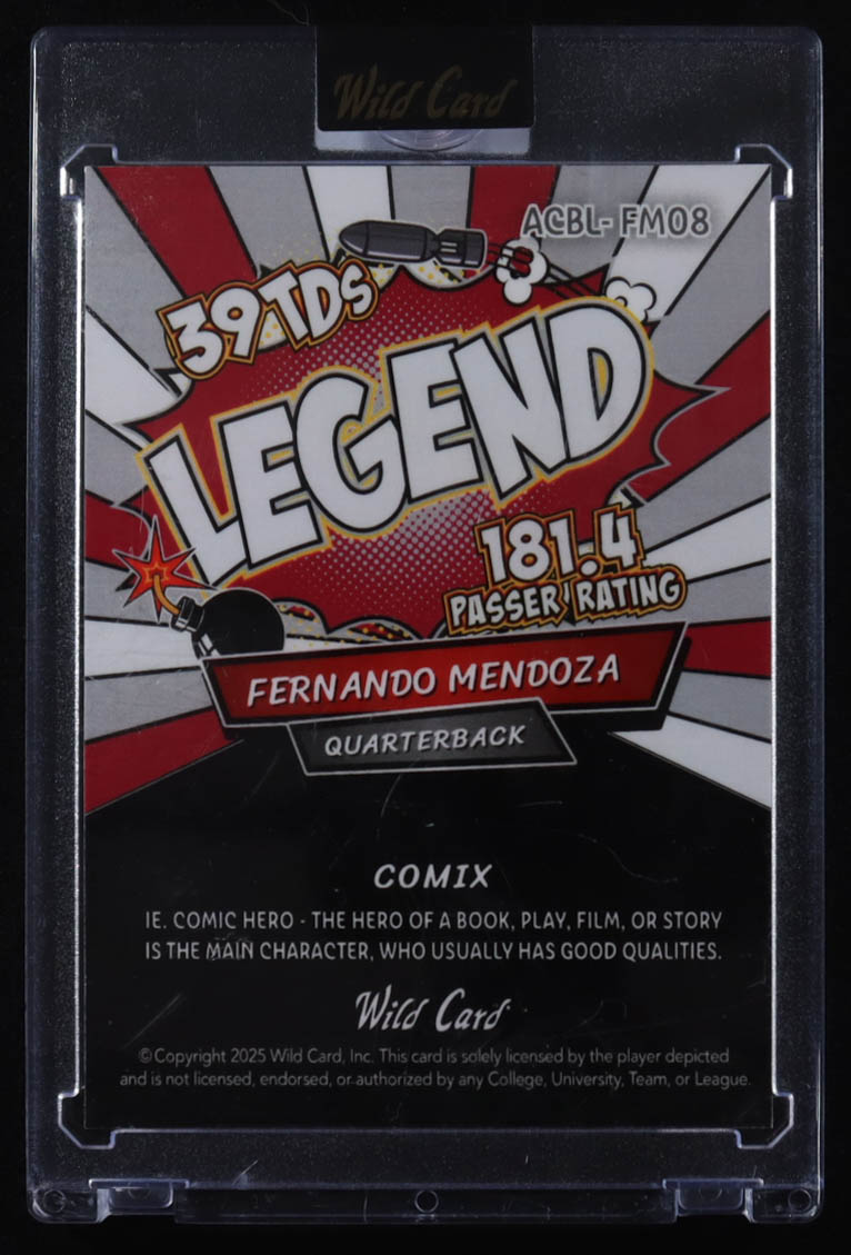 Fernando Mendoza 2025 Wild Card Comix Legend Red/White RayWave #ACBLPM08 #2/2 RC at PristineAuction.com Fernando Mendoza 2025 Wild Card Comix Legend Red/White RayWave #ACBLPM08 #2/2 RC at PristineAuction.com