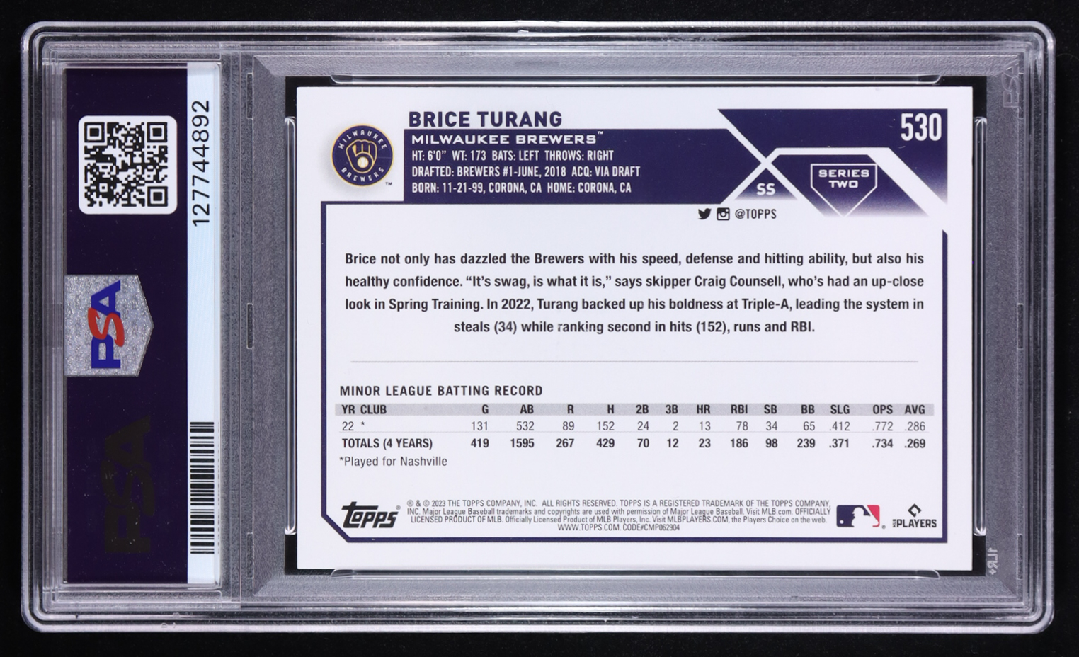 Brice Turang 2025 Archives Signature 2023 Topps Series Two #530 RC #15/40 (PSA 9) at PristineAuction.com Brice Turang 2025 Archives Signature 2023 Topps Series Two #530 RC #15/40 (PSA 9) at PristineAuction.com