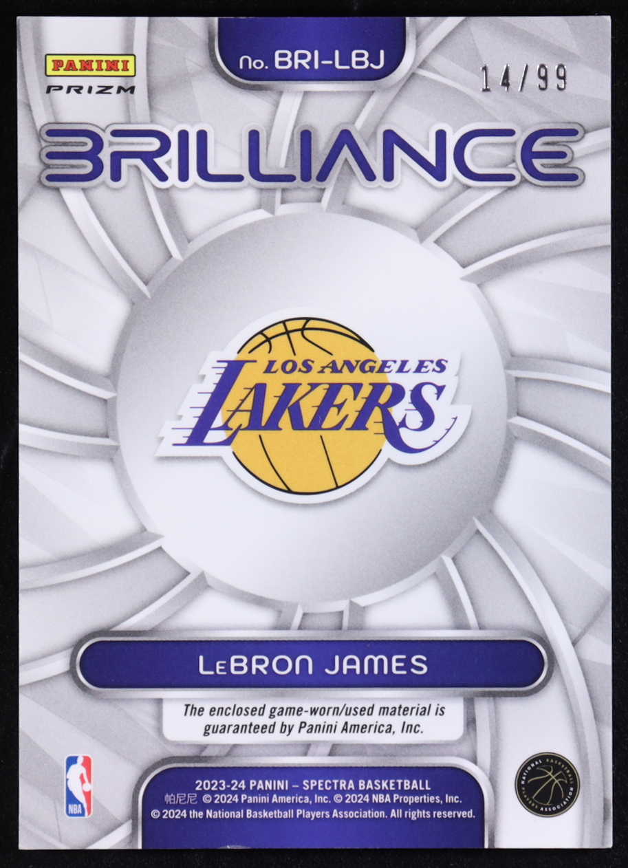 LeBron James 2023-24 Panini Spectra Brilliance Jerseys Celestial #13 #14/99 at PristineAuction.com LeBron James 2023-24 Panini Spectra Brilliance Jerseys Celestial #13 #14/99 at PristineAuction.com