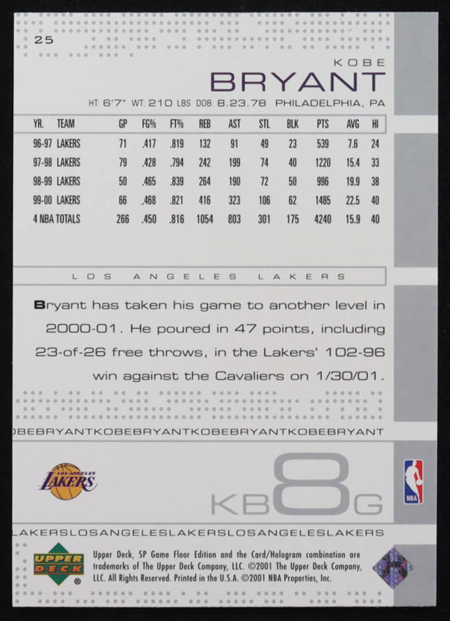 Kobe Bryant 2000-01 SP Game Floor #25 at PristineAuction.com Kobe Bryant 2000-01 SP Game Floor #25 at PristineAuction.com