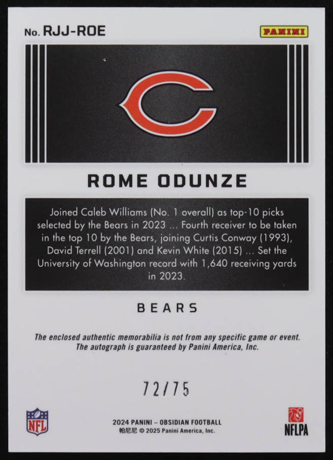 Rome Odunze 2024 Panini Obsidian Rookie Jumbo Jersey Autographs Silver #204 #72/75 RC at PristineAuction.com Rome Odunze 2024 Panini Obsidian Rookie Jumbo Jersey Autographs Silver #204 #72/75 RC at PristineAuction.com
